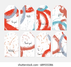 Hand drawn creative tags. Universal shopping, sales, advertising, price tags and product label templates isolated. Abstract artistic doodles. Roughly drawn bright trendy textures. Vector isolated
