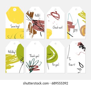 Hand drawn creative tags. Universal shopping, sales, advertising, price tags and product label templates isolated. Abstract artistic doodles. Roughly drawn bright trendy textures. Vector isolated
