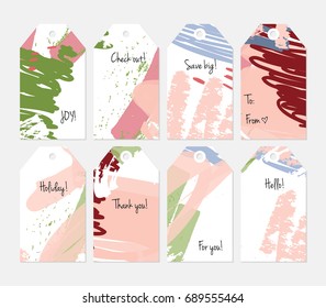 Hand drawn creative tags. Universal shopping, sales, advertising, price tags and product label templates isolated. Abstract artistic doodles. Roughly drawn bright trendy textures. Vector isolated