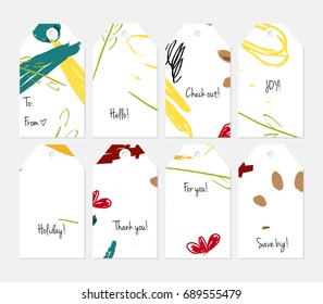 Hand drawn creative tags. Universal shopping, sales, advertising, price tags and product label templates isolated. Abstract artistic doodles. Roughly drawn bright trendy textures. Vector isolated