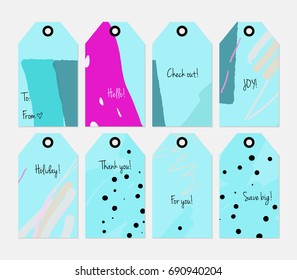 Hand drawn creative tags. Universal shopping, sales, advertising, price tags and product label templates isolated. Abstract artistic doodles. Roughly drawn bright trendy textures. Vector isolated