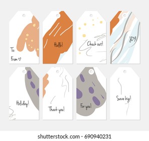 Hand drawn creative tags. Universal shopping, sales, advertising, price tags and product label templates isolated. Abstract artistic doodles. Roughly drawn bright trendy textures. Vector isolated