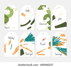 Hand drawn creative tags. Universal shopping, sales, advertising, price tags and product label templates isolated. Abstract artistic doodles. Roughly drawn bright trendy textures. Vector isolated