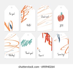Hand drawn creative tags. Universal shopping, sales, advertising, price tags and product label templates isolated. Abstract artistic doodles. Roughly drawn bright trendy textures. Vector isolated