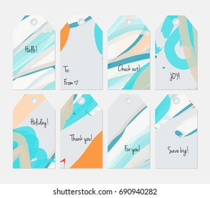 Hand drawn creative tags. Universal shopping, sales, advertising, price tags and product label templates isolated. Abstract artistic doodles. Roughly drawn bright trendy textures. Vector isolated