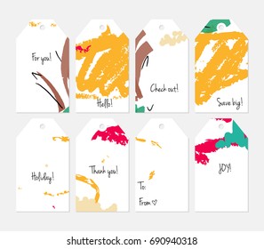 Hand drawn creative tags. Universal shopping, sales, advertising, price tags and product label templates isolated. Abstract artistic doodles. Roughly drawn bright trendy textures. Vector isolated