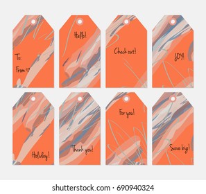 Hand drawn creative tags. Universal shopping, sales, advertising, price tags and product label templates isolated. Abstract artistic doodles. Roughly drawn bright trendy textures. Vector isolated