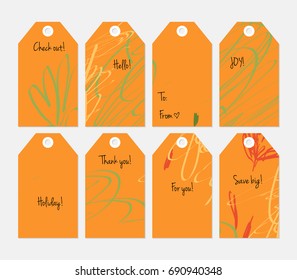 Hand drawn creative tags. Universal shopping, sales, advertising, price tags and product label templates isolated. Abstract artistic doodles. Roughly drawn bright trendy textures. Vector isolated