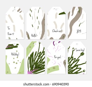 Hand drawn creative tags. Universal shopping, sales, advertising, price tags and product label templates isolated. Abstract artistic doodles. Roughly drawn bright trendy textures. Vector isolated