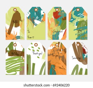 Hand drawn creative tags. Universal shopping, sales, advertising, price tags and product label templates isolated. Abstract artistic doodles. Roughly drawn bright trendy textures. Vector isolated