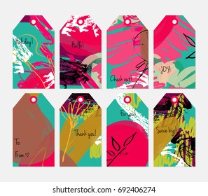 Hand drawn creative tags. Universal shopping, sales, advertising, price tags and product label templates isolated. Abstract artistic doodles. Roughly drawn bright trendy textures. Vector isolated