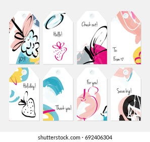 Hand drawn creative tags. Universal shopping, sales, advertising, price tags and product label templates isolated. Abstract artistic doodles. Roughly drawn bright trendy textures. Vector isolated
