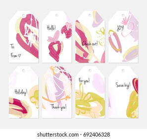 Hand drawn creative tags. Universal shopping, sales, advertising, price tags and product label templates isolated. Abstract artistic doodles. Roughly drawn bright trendy textures. Vector isolated