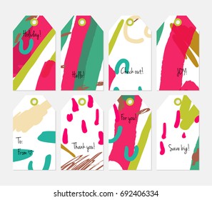 Hand drawn creative tags. Universal shopping, sales, advertising, price tags and product label templates isolated. Abstract artistic doodles. Roughly drawn bright trendy textures. Vector isolated
