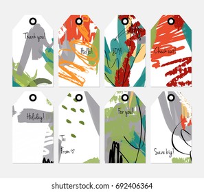 Hand drawn creative tags. Universal shopping, sales, advertising, price tags and product label templates isolated. Abstract artistic doodles. Roughly drawn bright trendy textures. Vector isolated