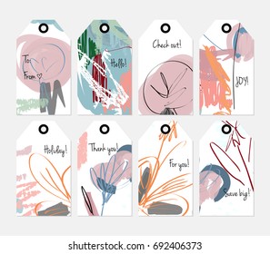 Hand drawn creative tags. Universal shopping, sales, advertising, price tags and product label templates isolated. Abstract artistic doodles. Roughly drawn bright trendy textures. Vector isolated