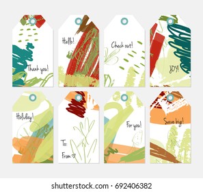 Hand drawn creative tags. Universal shopping, sales, advertising, price tags and product label templates isolated. Abstract artistic doodles. Roughly drawn bright trendy textures. Vector isolated