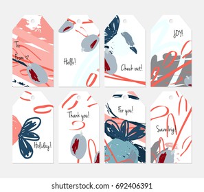 Hand drawn creative tags. Universal shopping, sales, advertising, price tags and product label templates isolated. Abstract artistic doodles. Roughly drawn bright trendy textures. Vector isolated