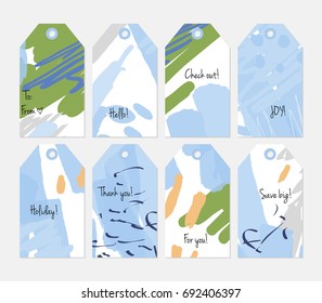 Hand drawn creative tags. Universal shopping, sales, advertising, price tags and product label templates isolated. Abstract artistic doodles. Roughly drawn bright trendy textures. Vector isolated