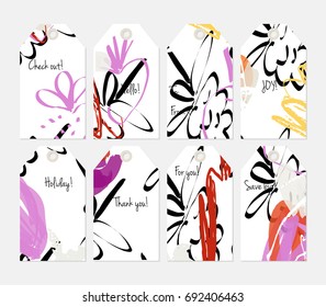 Hand drawn creative tags. Universal shopping, sales, advertising, price tags and product label templates isolated. Abstract artistic doodles. Roughly drawn bright trendy textures. Vector isolated