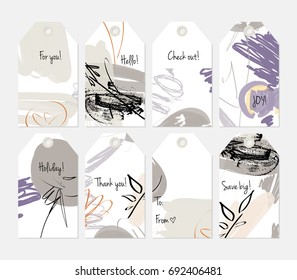 Hand drawn creative tags. Universal shopping, sales, advertising, price tags and product label templates isolated. Abstract artistic doodles. Roughly drawn bright trendy textures. Vector isolated