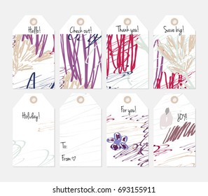 Hand drawn creative tags. Universal shopping, sales, advertising, price tags and product label templates isolated. Abstract artistic doodles. Roughly drawn bright trendy textures. Vector isolated
