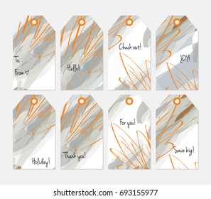 Hand drawn creative tags. Universal shopping, sales, advertising, price tags and product label templates isolated. Abstract artistic doodles. Roughly drawn bright trendy textures. Vector isolated