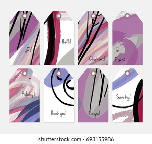 Hand drawn creative tags. Universal shopping, sales, advertising, price tags and product label templates isolated. Abstract artistic doodles. Roughly drawn bright trendy textures. Vector isolated