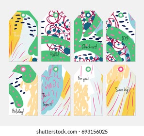 Hand drawn creative tags. Universal shopping, sales, advertising, price tags and product label templates isolated. Abstract artistic doodles. Roughly drawn bright trendy textures. Vector isolated
