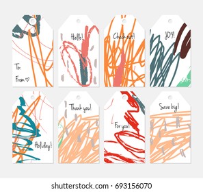 Hand drawn creative tags. Universal shopping, sales, advertising, price tags and product label templates isolated. Abstract artistic doodles. Roughly drawn bright trendy textures. Vector isolated