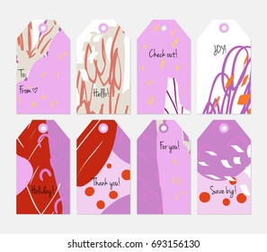 Hand drawn creative tags. Universal shopping, sales, advertising, price tags and product label templates isolated. Abstract artistic doodles. Roughly drawn bright trendy textures. Vector isolated
