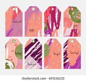 Hand drawn creative tags. Universal shopping, sales, advertising, price tags and product label templates isolated. Abstract artistic doodles. Roughly drawn bright trendy textures. Vector isolated