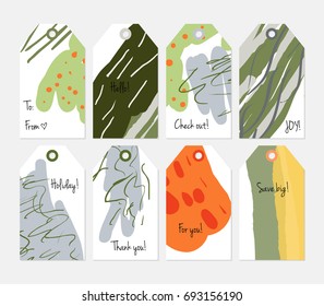 Hand drawn creative tags. Universal shopping, sales, advertising, price tags and product label templates isolated. Abstract artistic doodles. Roughly drawn bright trendy textures. Vector isolated