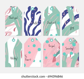 Hand drawn creative tags. Universal shopping, sales, advertising, price tags and product label templates isolated. Abstract artistic doodles. Roughly drawn bright trendy textures. Vector isolated