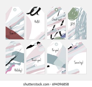 Hand drawn creative tags. Universal shopping, sales, advertising, price tags and product label templates isolated. Abstract artistic doodles. Roughly drawn bright trendy textures. Vector isolated