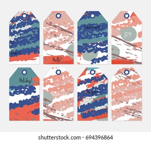 Hand drawn creative tags. Universal shopping, sales, advertising, price tags and product label templates isolated. Abstract artistic doodles. Roughly drawn bright trendy textures. Vector isolated