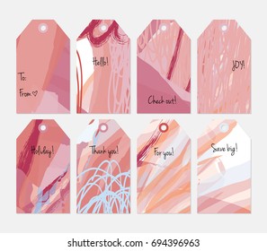 Hand drawn creative tags. Universal shopping, sales, advertising, price tags and product label templates isolated. Abstract artistic doodles. Roughly drawn bright trendy textures. Vector isolated