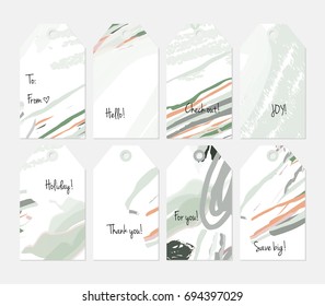 Hand drawn creative tags. Universal shopping, sales, advertising, price tags and product label templates isolated. Abstract artistic doodles. Roughly drawn bright trendy textures. Vector isolated