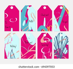 Hand drawn creative tags. Universal shopping, sales, advertising, price tags and product label templates isolated. Abstract artistic doodles. Roughly drawn bright trendy textures. Vector isolated