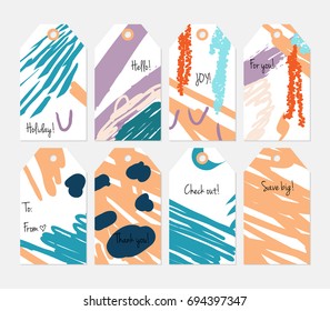 Hand drawn creative tags. Universal shopping, sales, advertising, price tags and product label templates isolated. Abstract artistic doodles. Roughly drawn bright trendy textures. Vector isolated