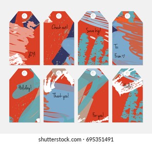 Hand drawn creative tags. Universal shopping, sales, advertising, price tags and product label templates isolated. Abstract artistic doodles. Roughly drawn bright trendy textures. Vector isolated