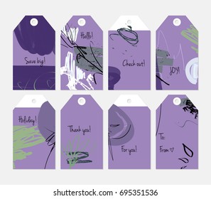 Hand drawn creative tags. Universal shopping, sales, advertising, price tags and product label templates isolated. Abstract artistic doodles. Roughly drawn bright trendy textures. Vector isolated