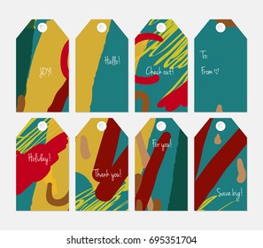 Hand drawn creative tags. Universal shopping, sales, advertising, price tags and product label templates isolated. Abstract artistic doodles. Roughly drawn bright trendy textures. Vector isolated