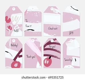 Hand drawn creative tags. Universal shopping, sales, advertising, price tags and product label templates isolated. Abstract artistic doodles. Roughly drawn bright trendy textures. Vector isolated