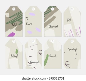 Hand drawn creative tags. Universal shopping, sales, advertising, price tags and product label templates isolated. Abstract artistic doodles. Roughly drawn bright trendy textures. Vector isolated