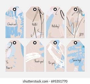 Hand drawn creative tags. Universal shopping, sales, advertising, price tags and product label templates isolated. Abstract artistic doodles. Roughly drawn bright trendy textures. Vector isolated