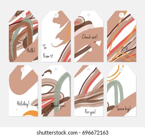 Hand drawn creative tags. Universal shopping, sales, advertising, price tags and product label templates isolated. Abstract artistic doodles. Roughly drawn bright trendy textures. Vector isolated
