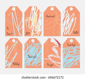 Hand drawn creative tags. Universal shopping, sales, advertising, price tags and product label templates isolated. Abstract artistic doodles. Roughly drawn bright trendy textures. Vector isolated