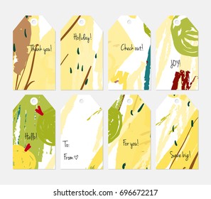 Hand drawn creative tags. Universal shopping, sales, advertising, price tags and product label templates isolated. Abstract artistic doodles. Roughly drawn bright trendy textures. Vector isolated