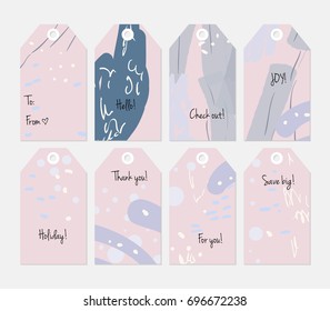 Hand drawn creative tags. Universal shopping, sales, advertising, price tags and product label templates isolated. Abstract artistic doodles. Roughly drawn bright trendy textures. Vector isolated